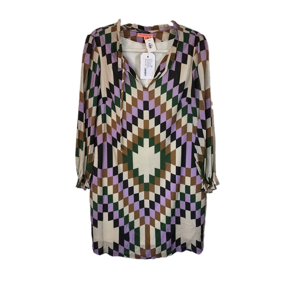 Vilagallo Cole Geometric Dress Long Sleeve Purple Green Diamond Shift Sz 40